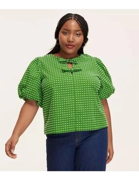 Kate Spade x Target Green Textured Polka Dot Puff Short Sleeve Blouse